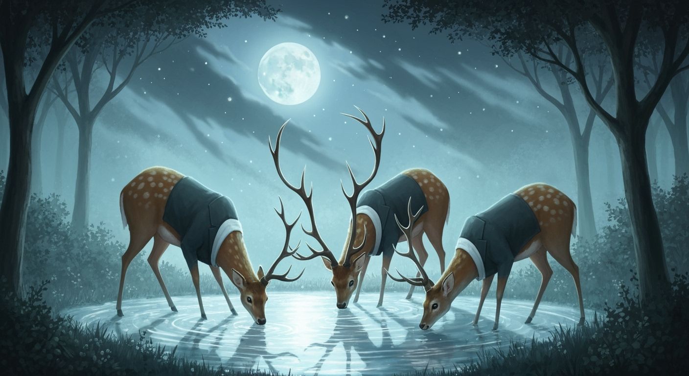Deer in Formal Attire by Moonlit Pond