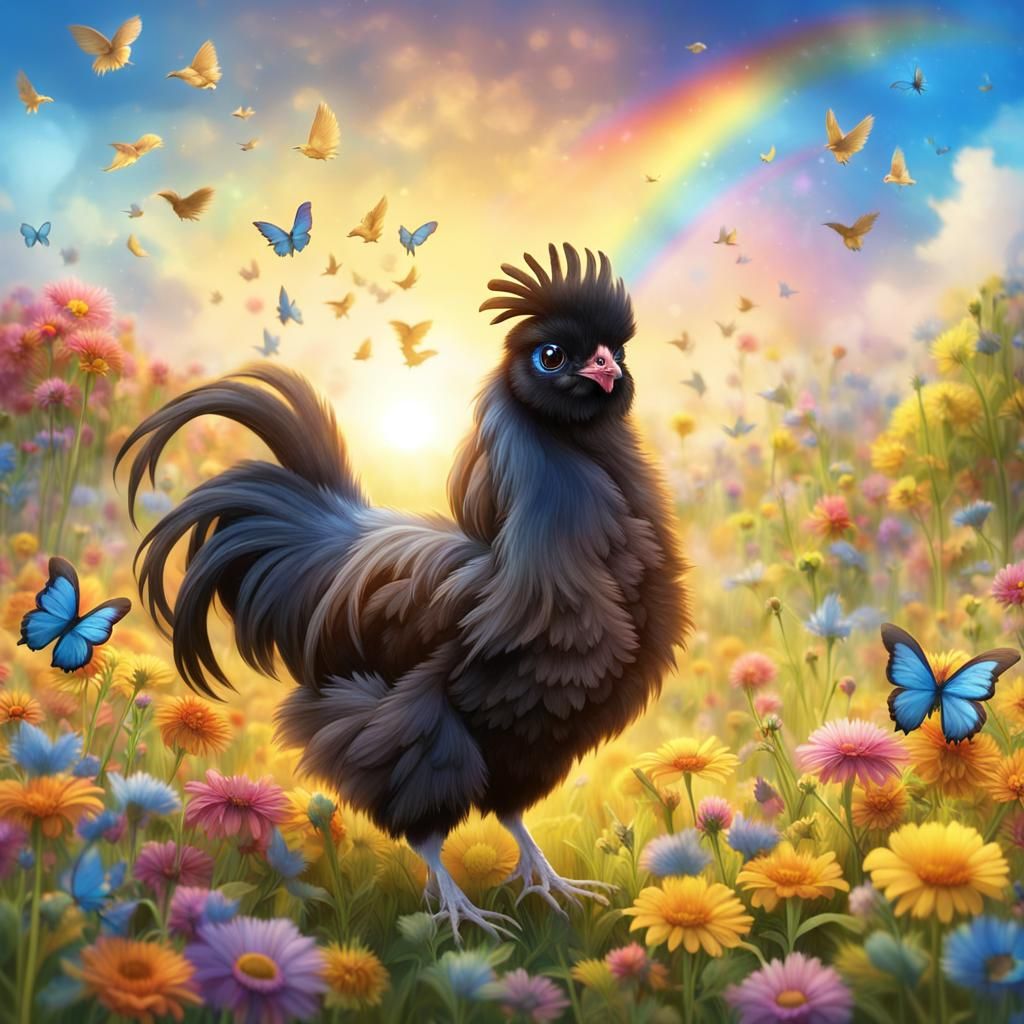 Whimsical Silkie Chicken in Sunny Meadow Concept Art