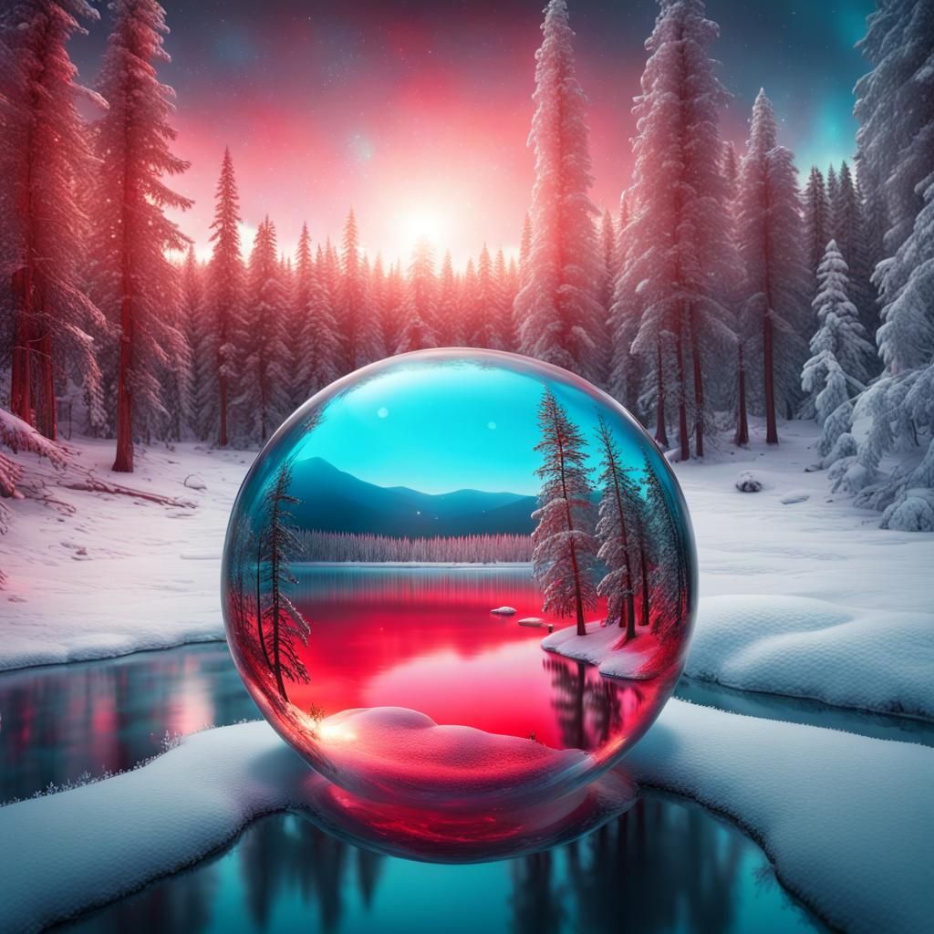 Turquoise Lake Reflecting Winter Forest in Glass