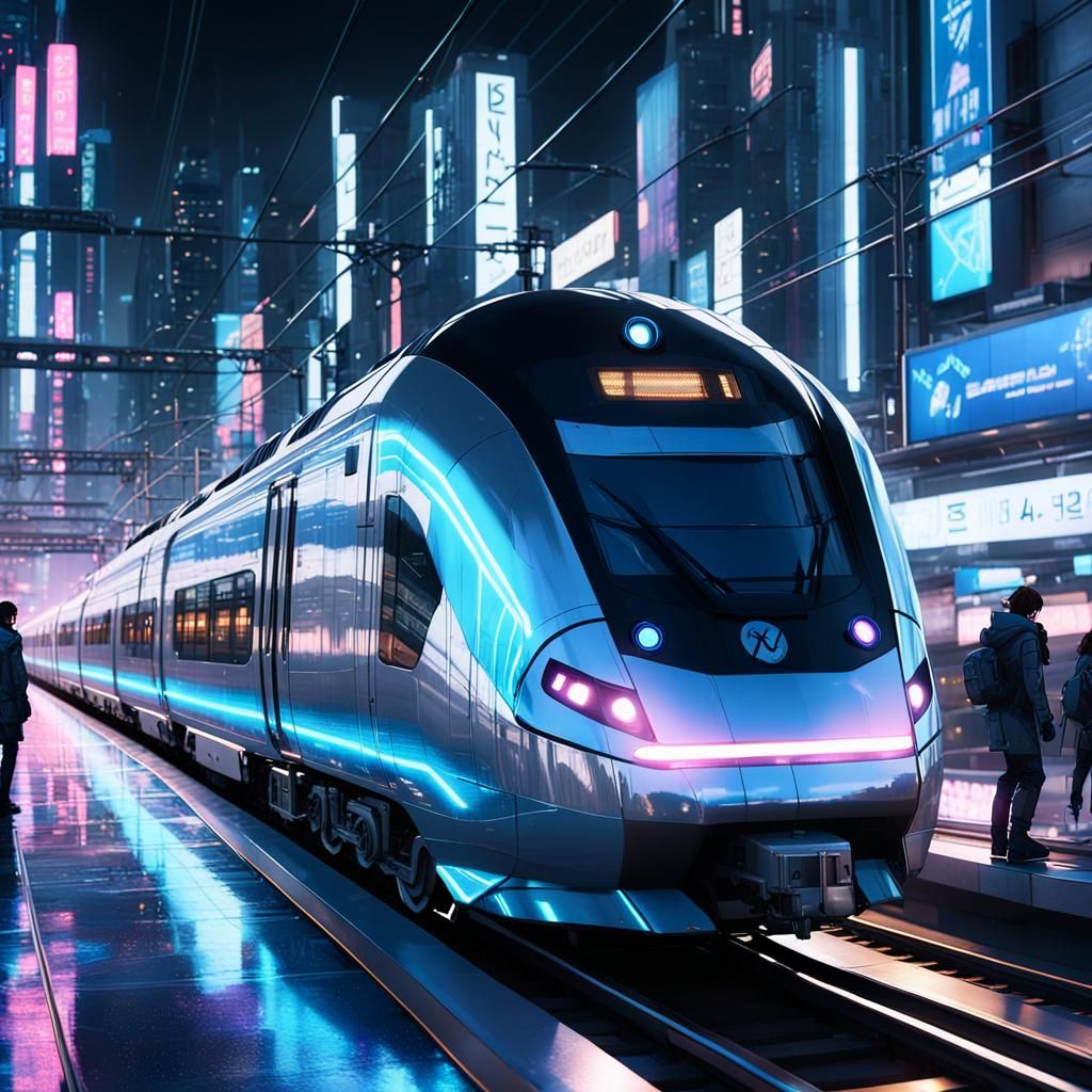 Sleek Train Speeds Through Neon Cyberpunk Cityscape