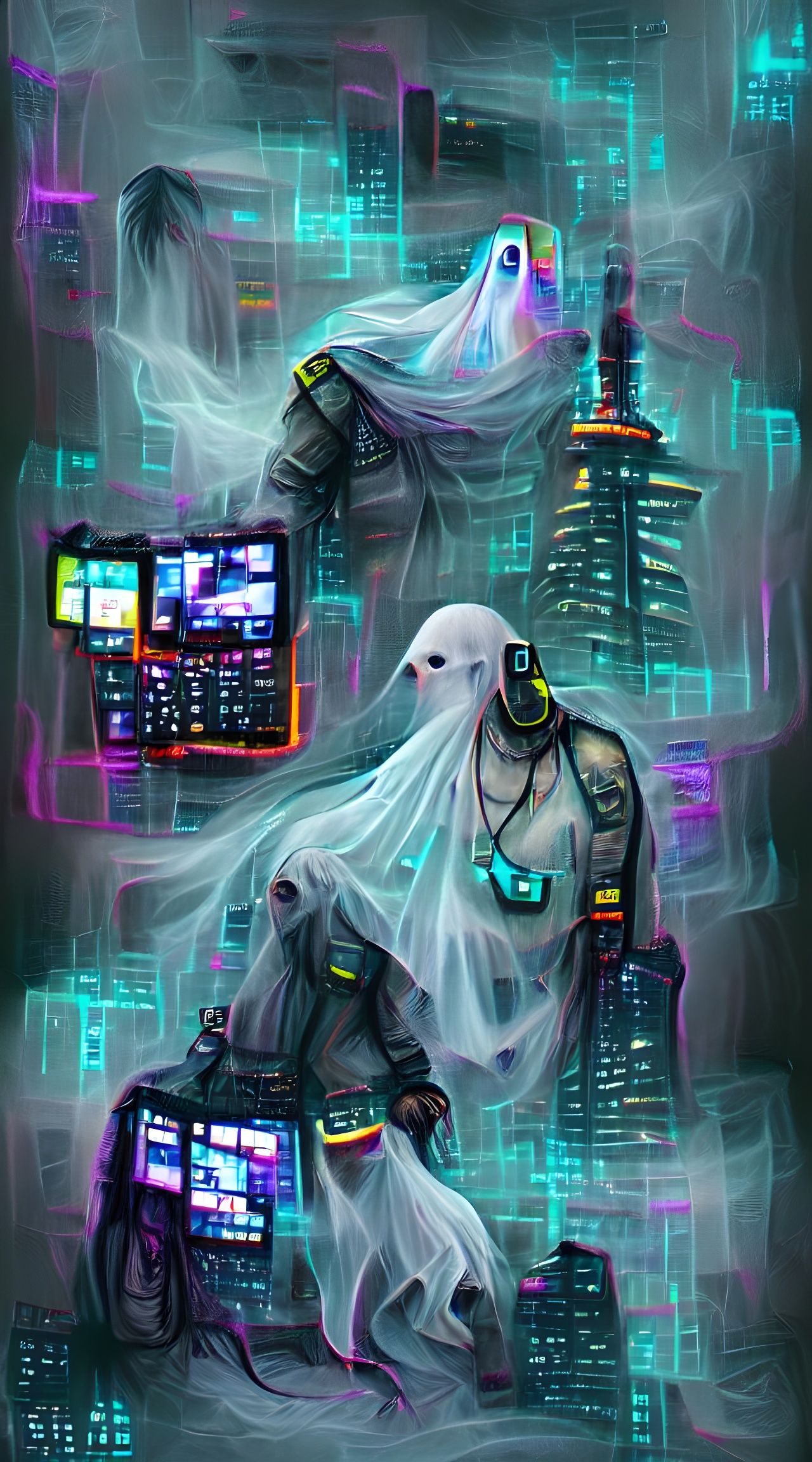 Cyberpunk Ghost in Neon Cityscape