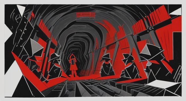 Underground Coal Mine: Linocut Print in Black and Red
