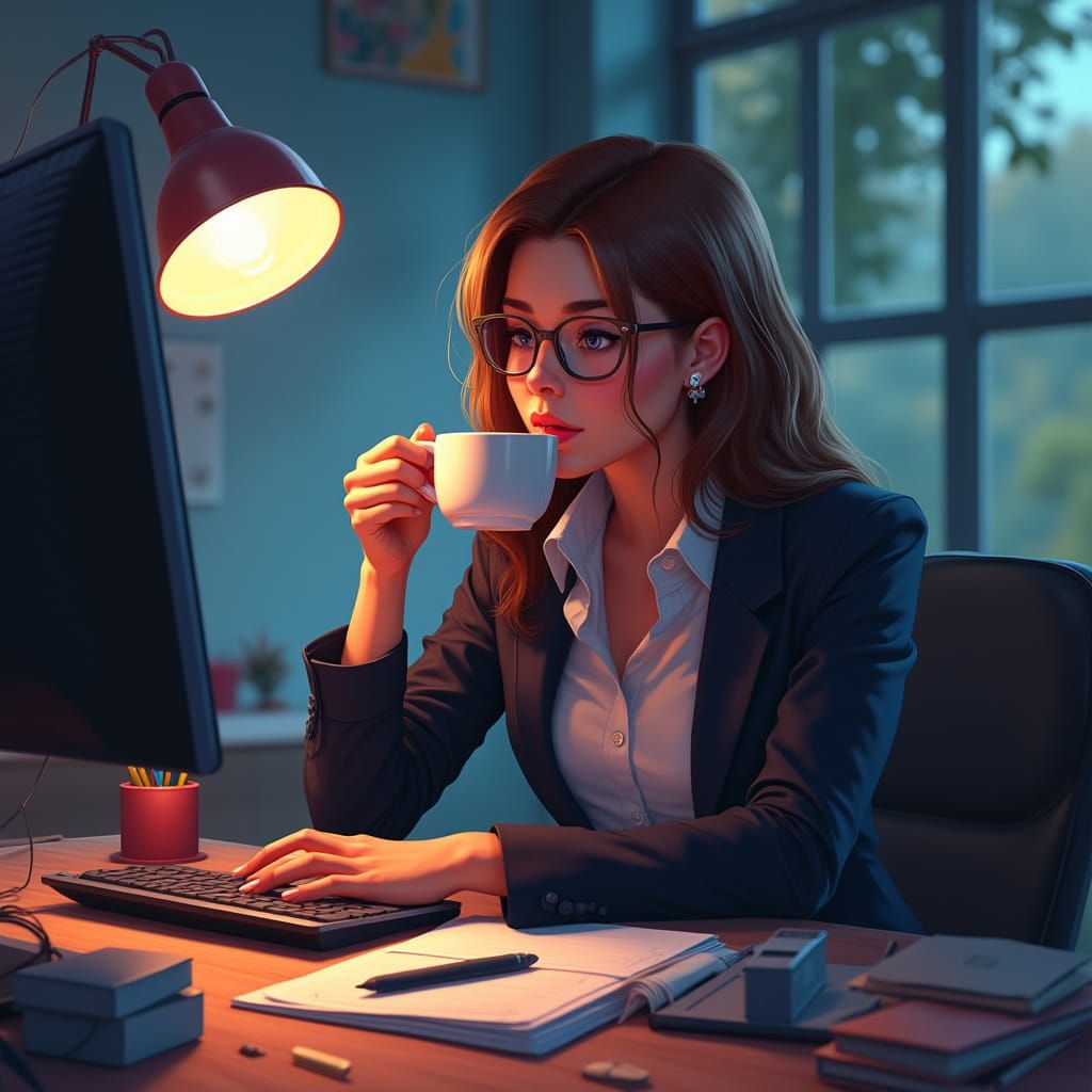 Independent Businesswoman in Hyperrealistic Office Scene