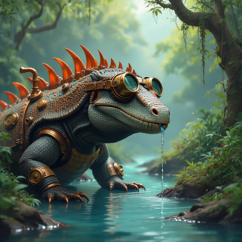 Steampunk Komodo Dragon Drinks From Stream