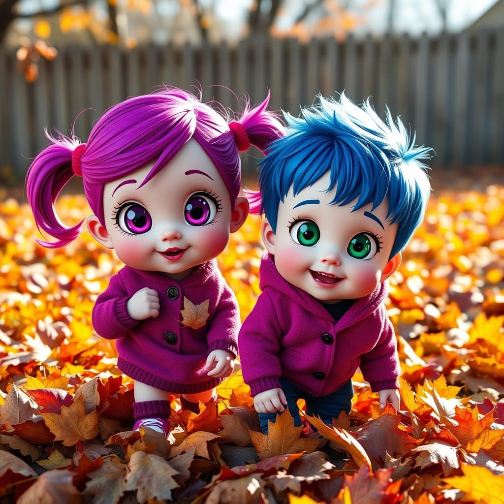 Chibi Toddlers Play in Fall Leaves in Surreal Abstract Style