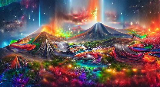 Rainbow Volcanoes: Psychedelic Astral Landscape Illustration