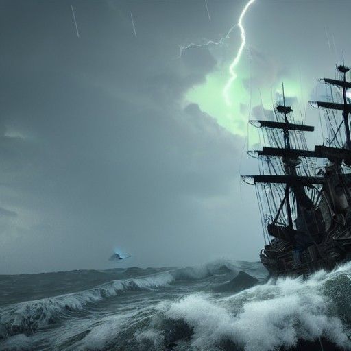 Ghost Pirate Ship Sailing on Stormy Sea