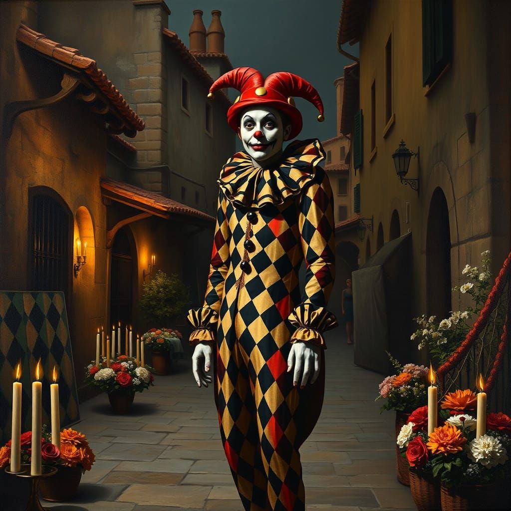 Harlequin in Moonlit Italian Piazza