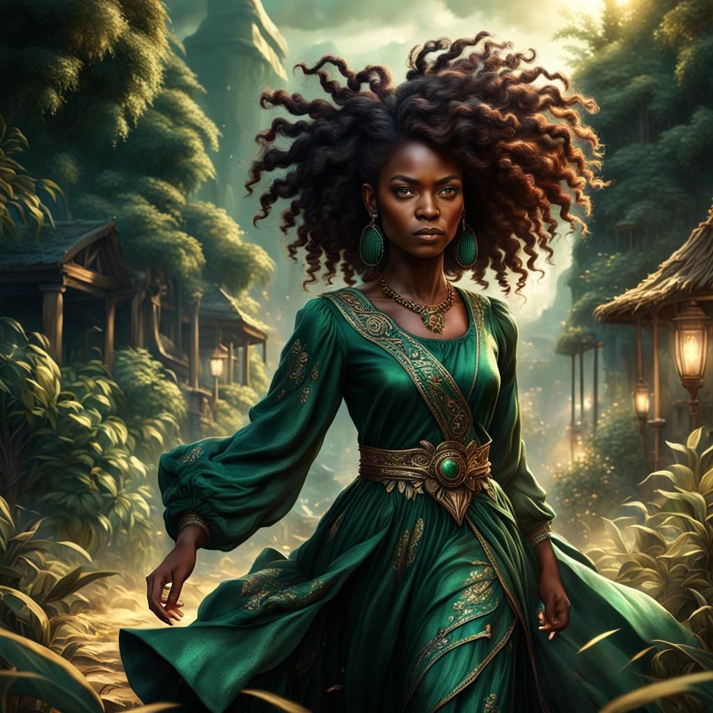 African American Woman in Dark Green Dress: Fantasy Art