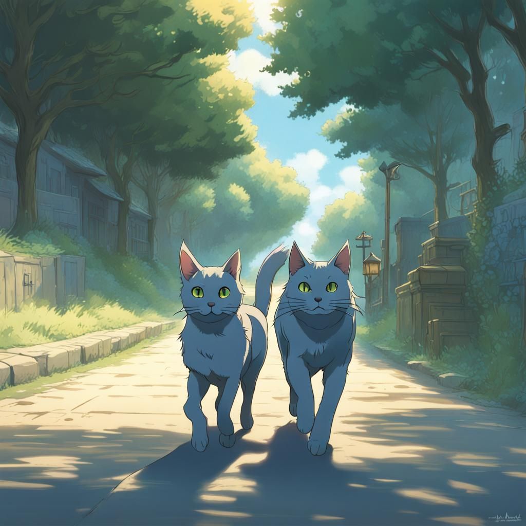 Cat and Dog Running Together in Anime Style