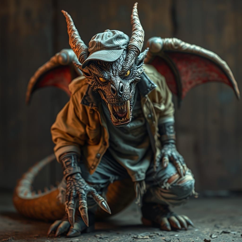 Angry Demonic Dragon in Jeans: Hyperrealistic Image