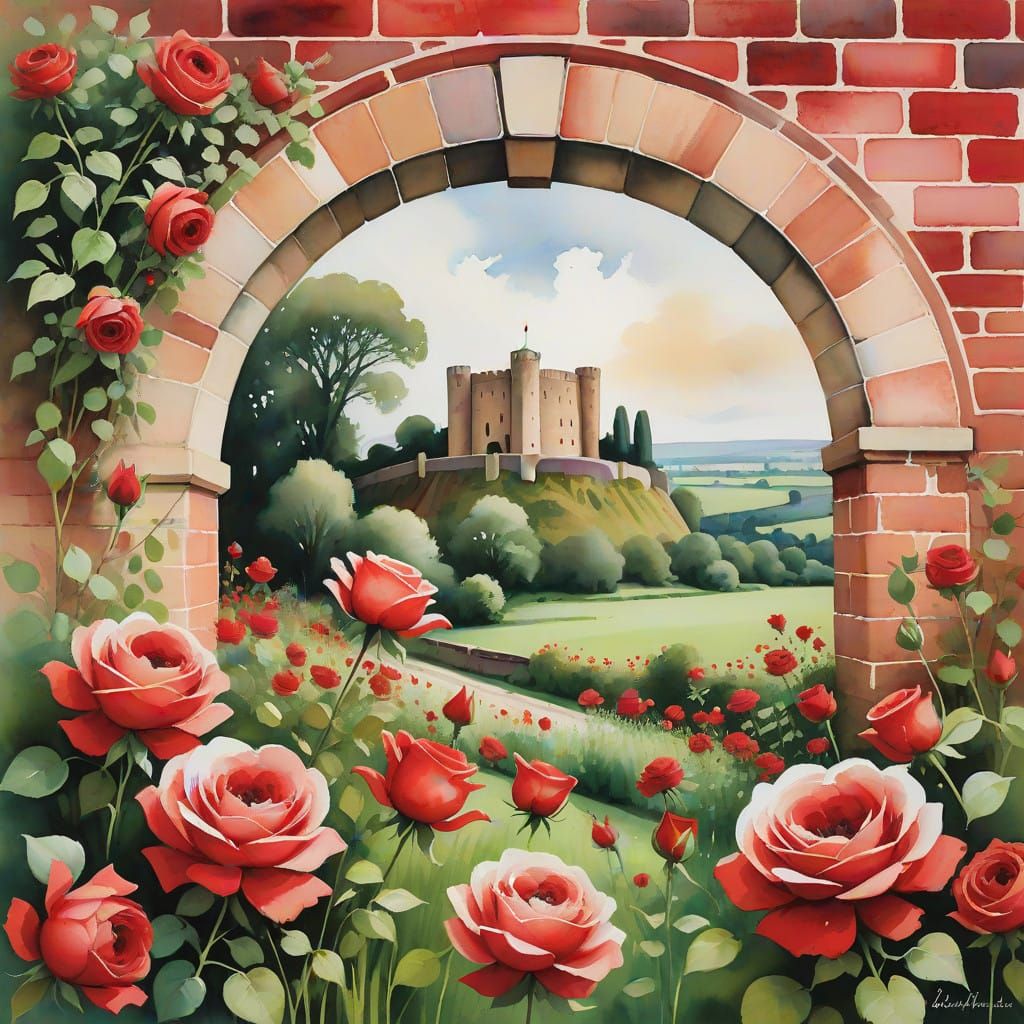 Watercolour Oil Painting of Castle Amidst Roses