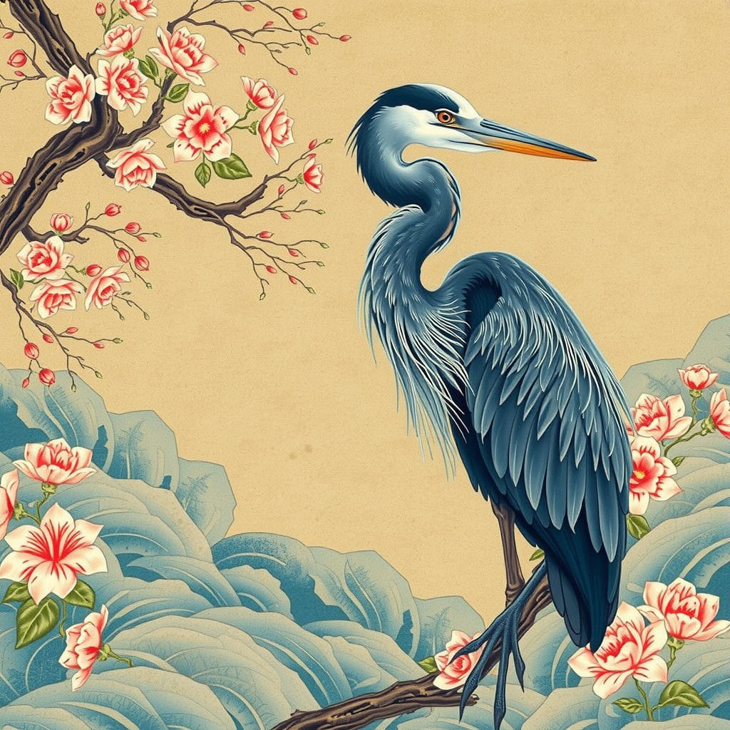 Elegant Great Blue Heron in Vibrant Oriental Style