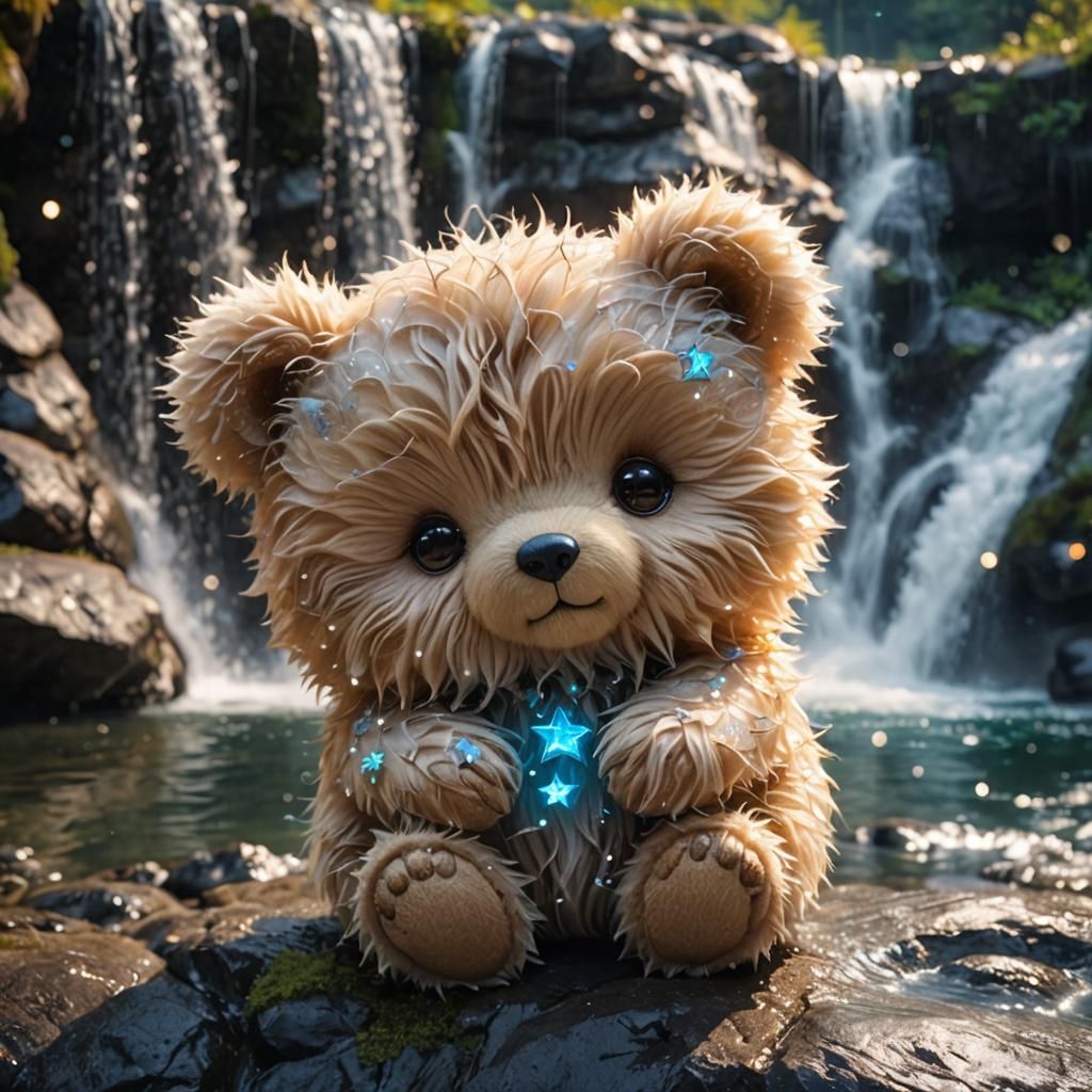 Chibi Bear Constellation over Bioluminescent Waterfall