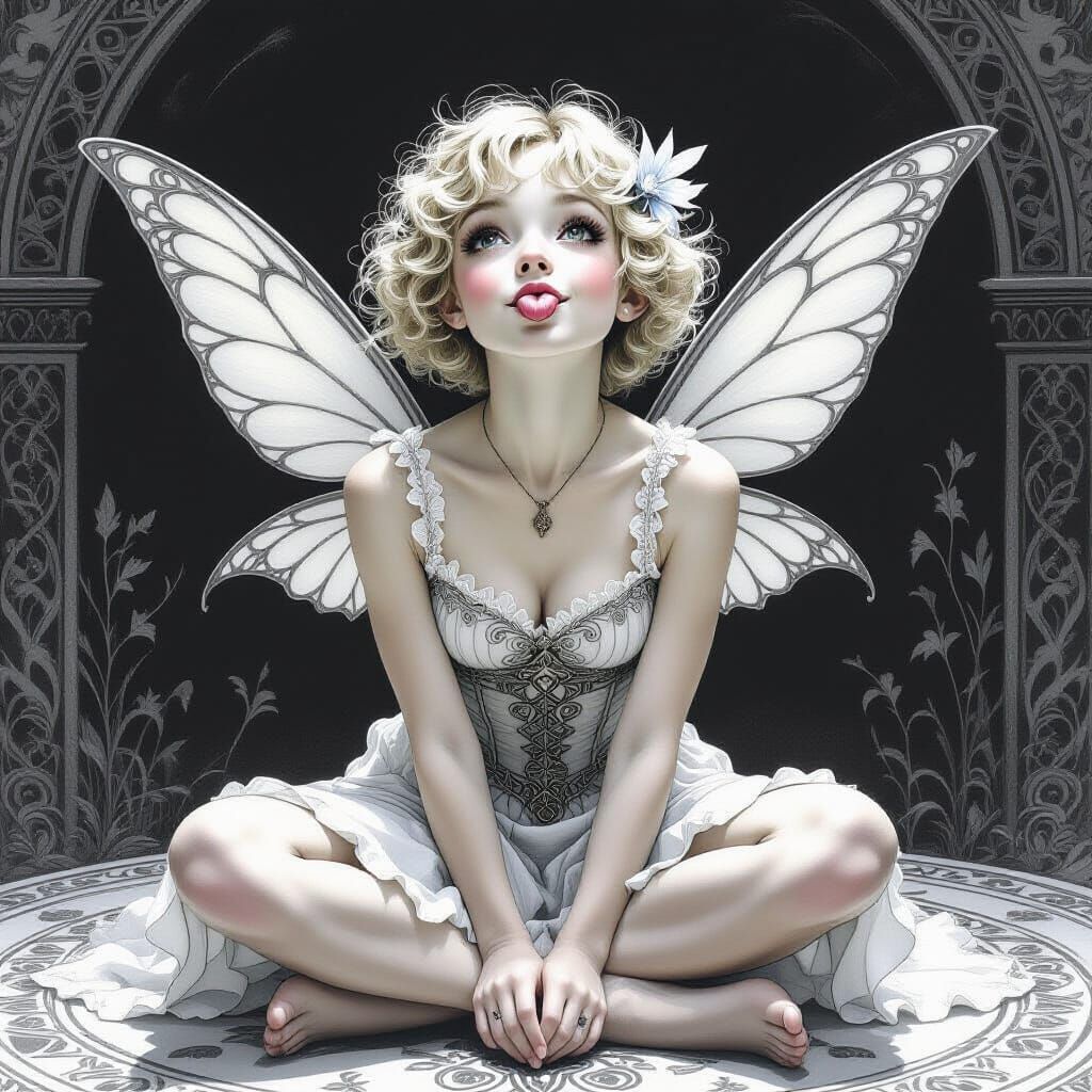 Playful Young Fairy with Curly Hair in Grayscale