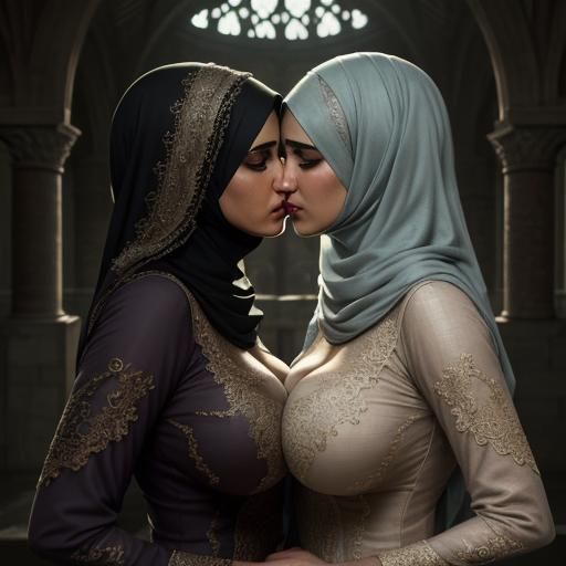 Two Arabian woman kissing each other.