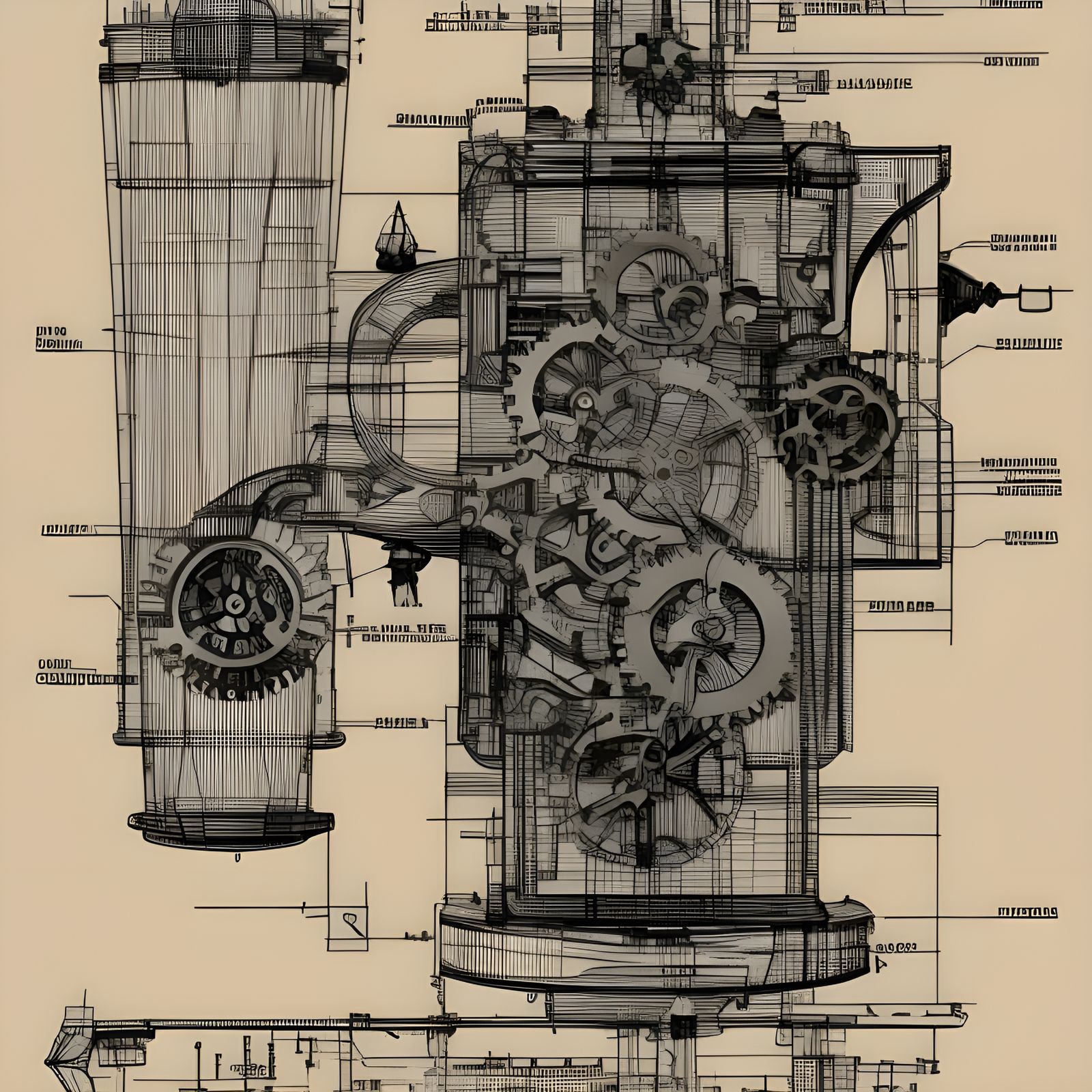 Three dimensional Blueprint of intricate complex steampunk gadget
