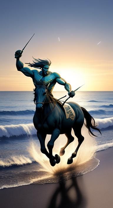 Mystical Sagittarius Centaur Running on Beach at Dawn