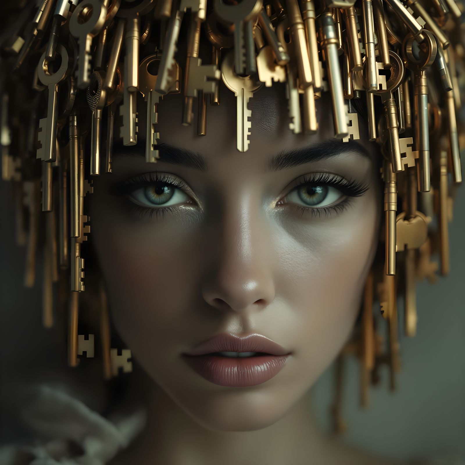 Surreal Portrait of Enigmatic Woman in Golden Key Head-Dress