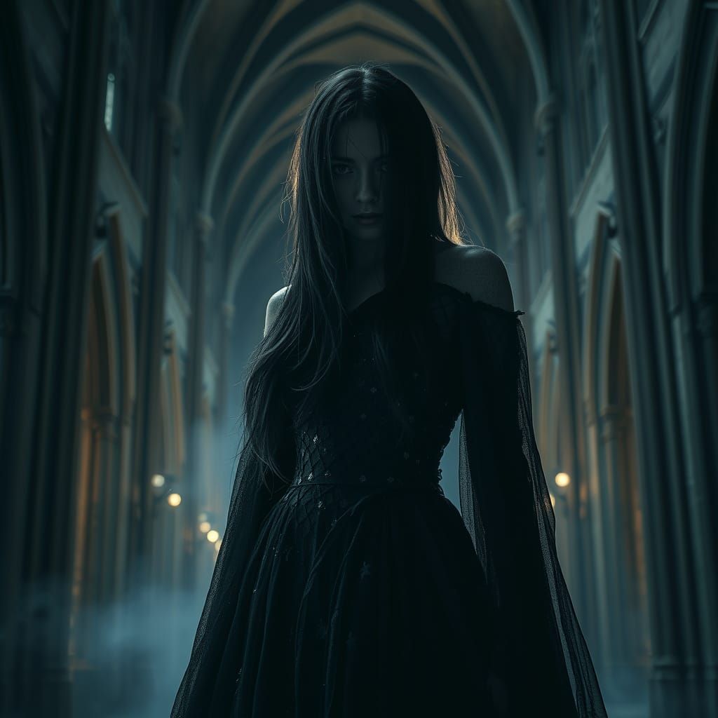 Gothic Woman in Shadowy Cathedral with Ethereal Beauty