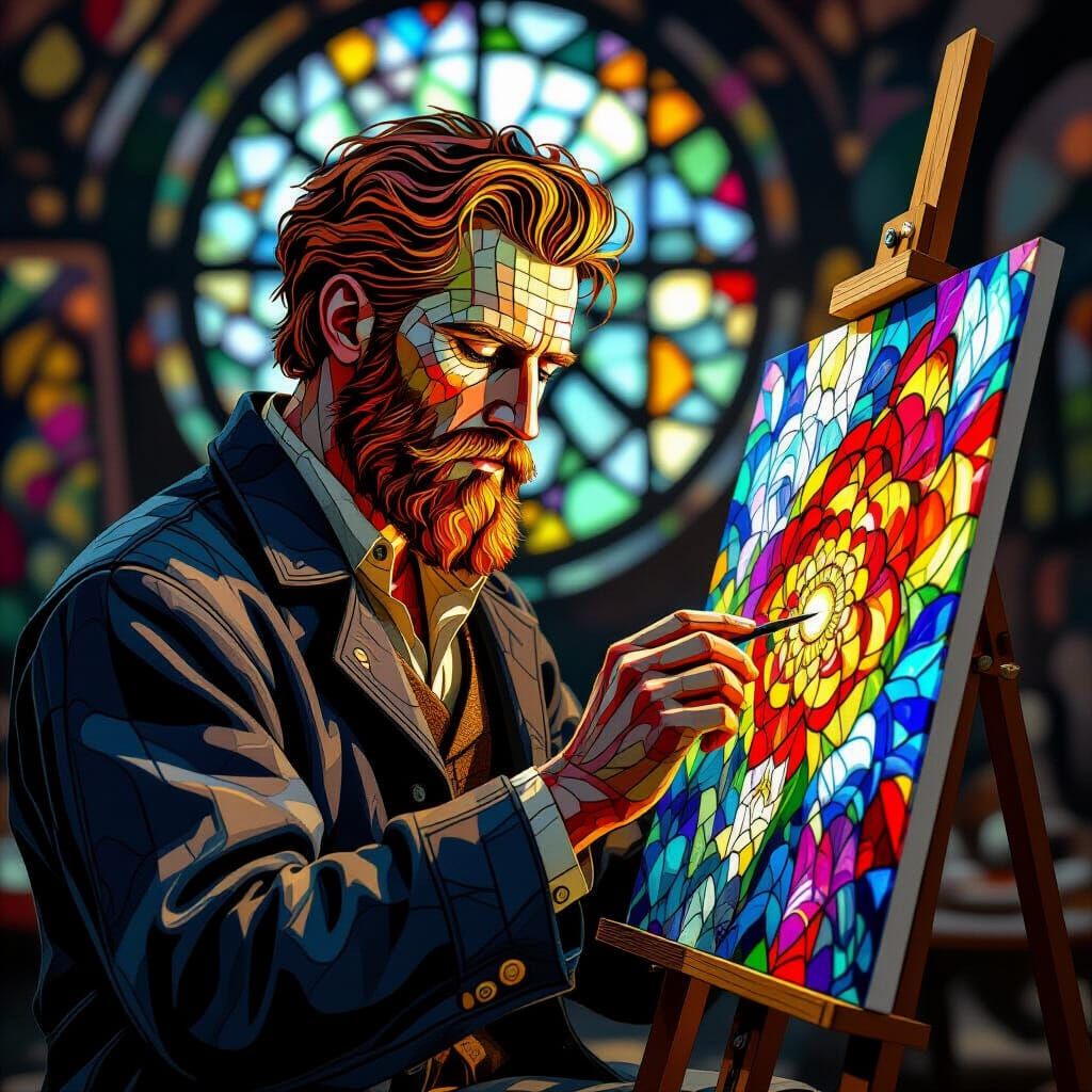 Artist Made of Stained Glass Paints with Color