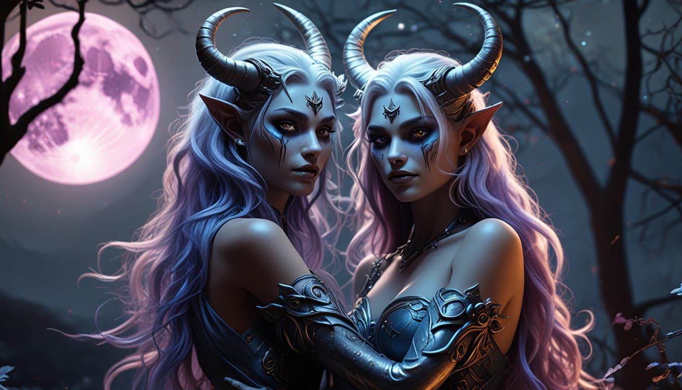 Fantasy Demon Girls Hugging Under the Moon