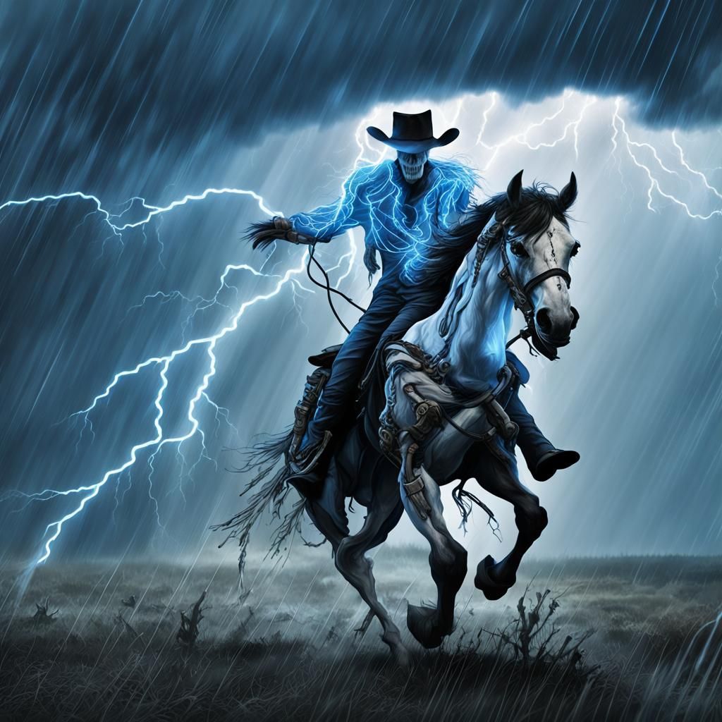 Skeletal Cowboy Outlaw Rides in Dark Fantasy Style