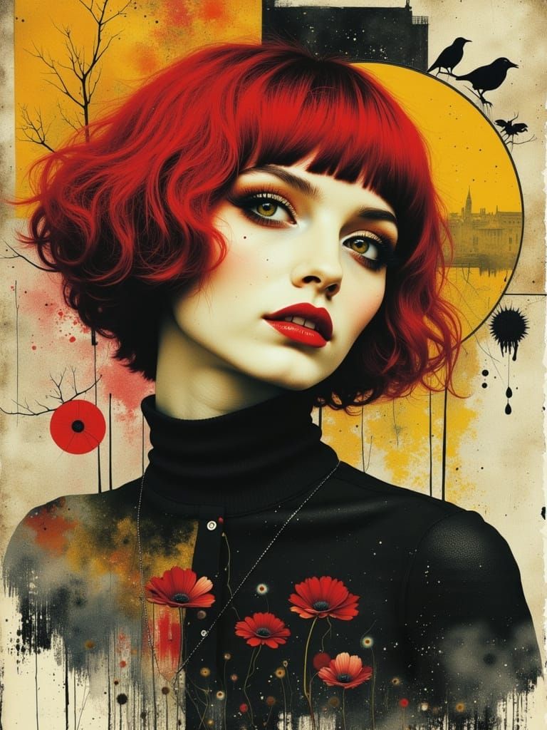 Melancholic Gothic Woman in Watercolor Alcohol Ink Style