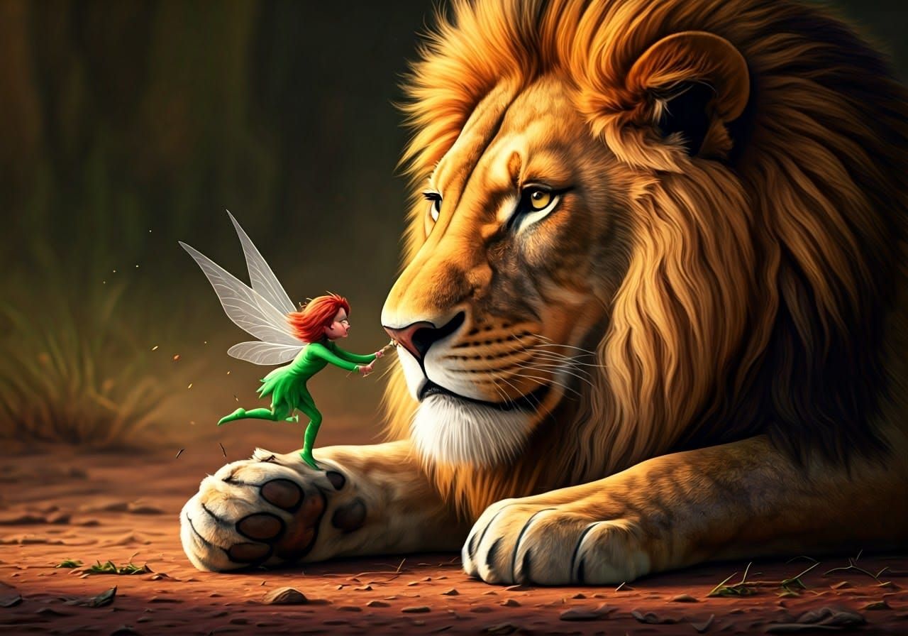 Fairy Helps Lion with Thorn: Photorealistic Close-Up