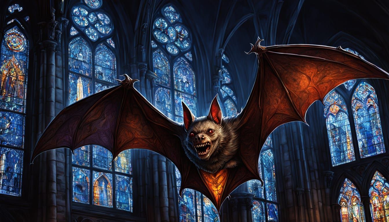 Gothic Cathedral Vampire Bat: A Fantasy Art Piece