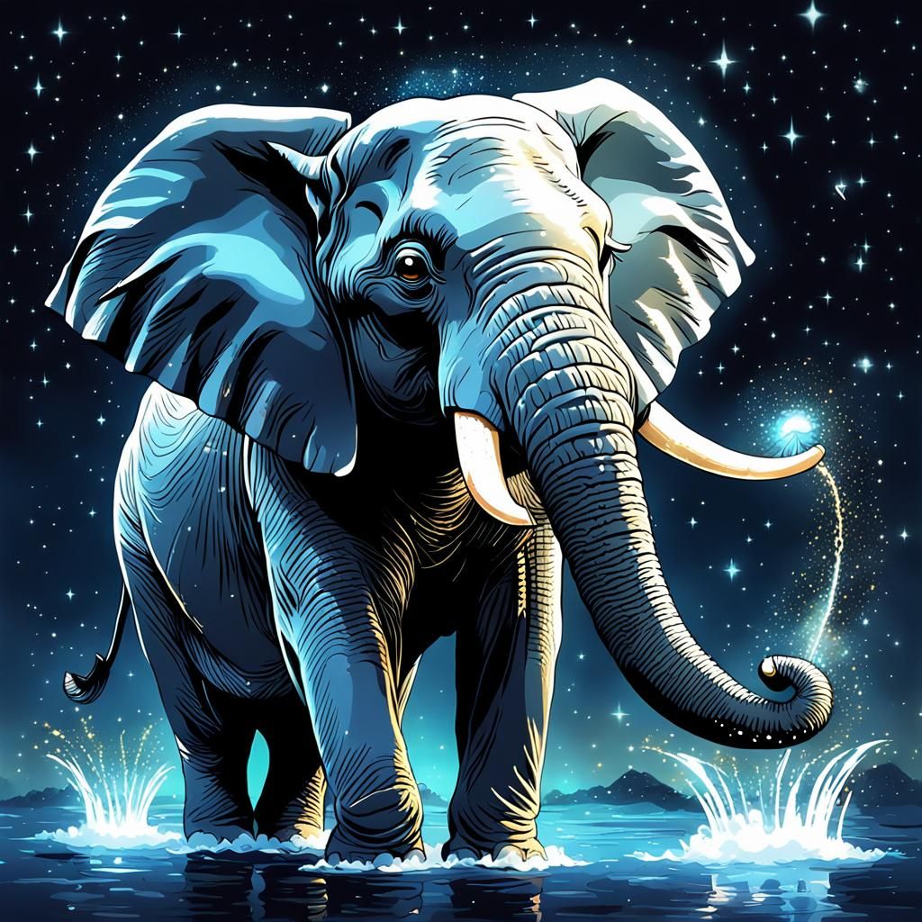 Magical Elephant with Glittering Stars in Anime Style