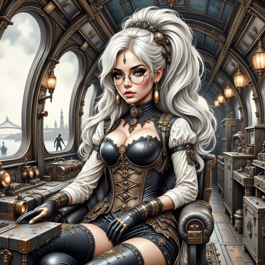 Steampunk Girl in Plane Cabin, Digital Art