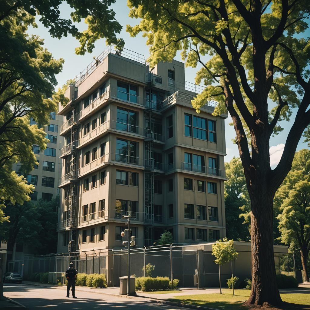 Fortified Modern Building with Guards: Cinematic Film Still