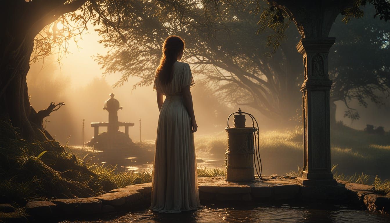 Mystical Lady by the Well: Hyperrealistic Digital Art