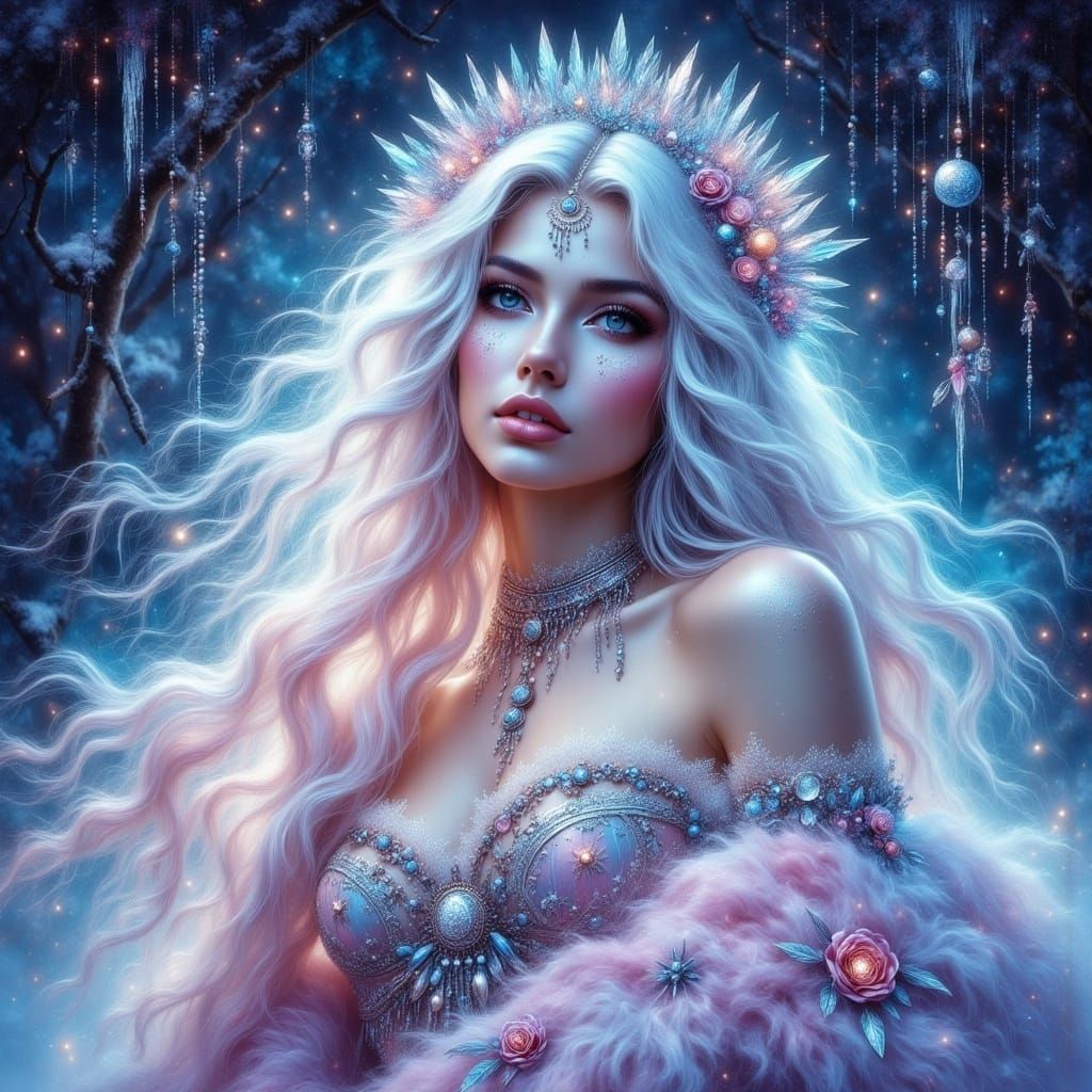 Winter Queen in Luminous Gown, Digital Airbrush Oil Painting