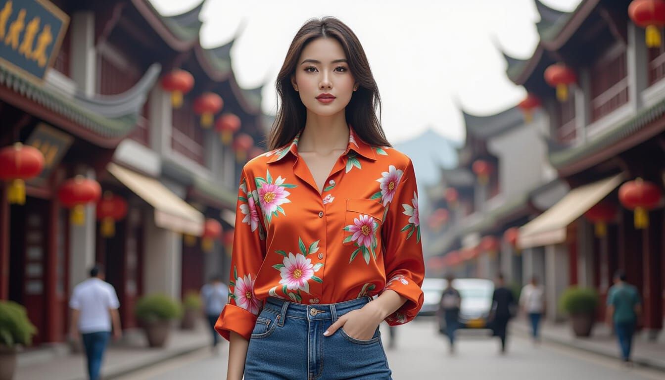 Chinese Woman in Silk Shirt, Photorealistic Street Portrait