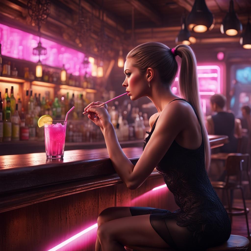 Woman in Black Dress at Bar, Detailed Matte Painting