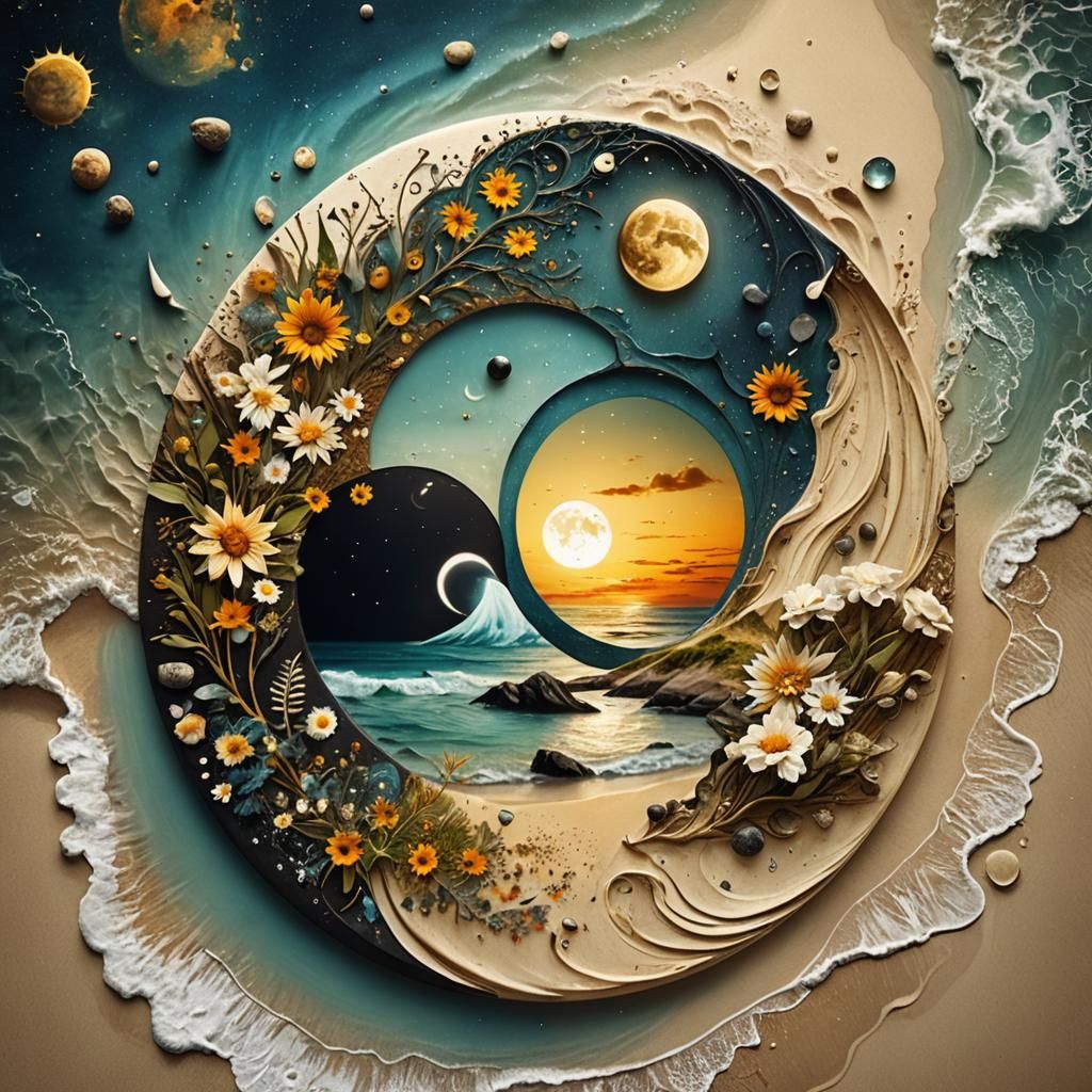 Surreal Yin Yang Landscape in Watercolor Style
