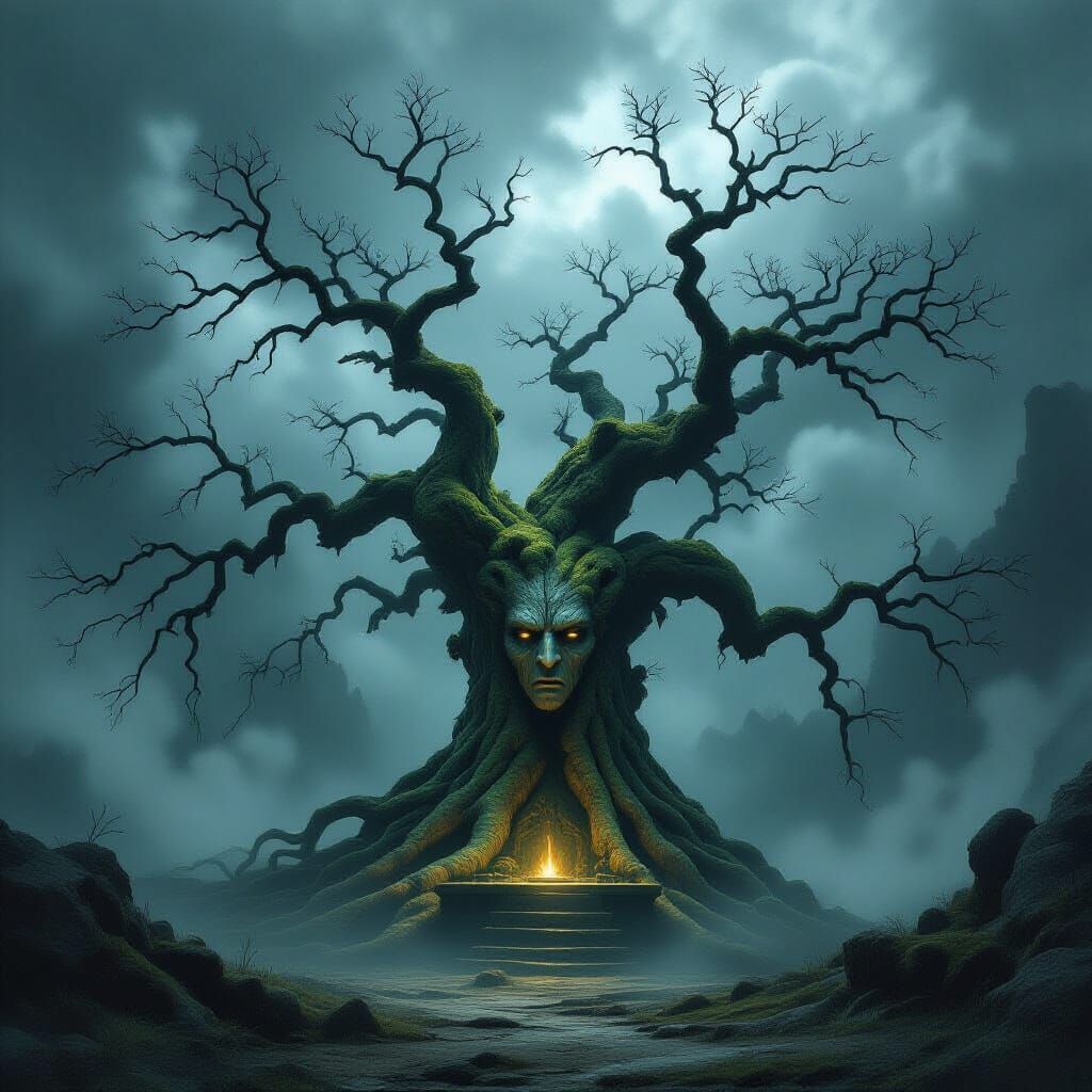 Ancient Tree with Gnarled Branches in Stormy Sky