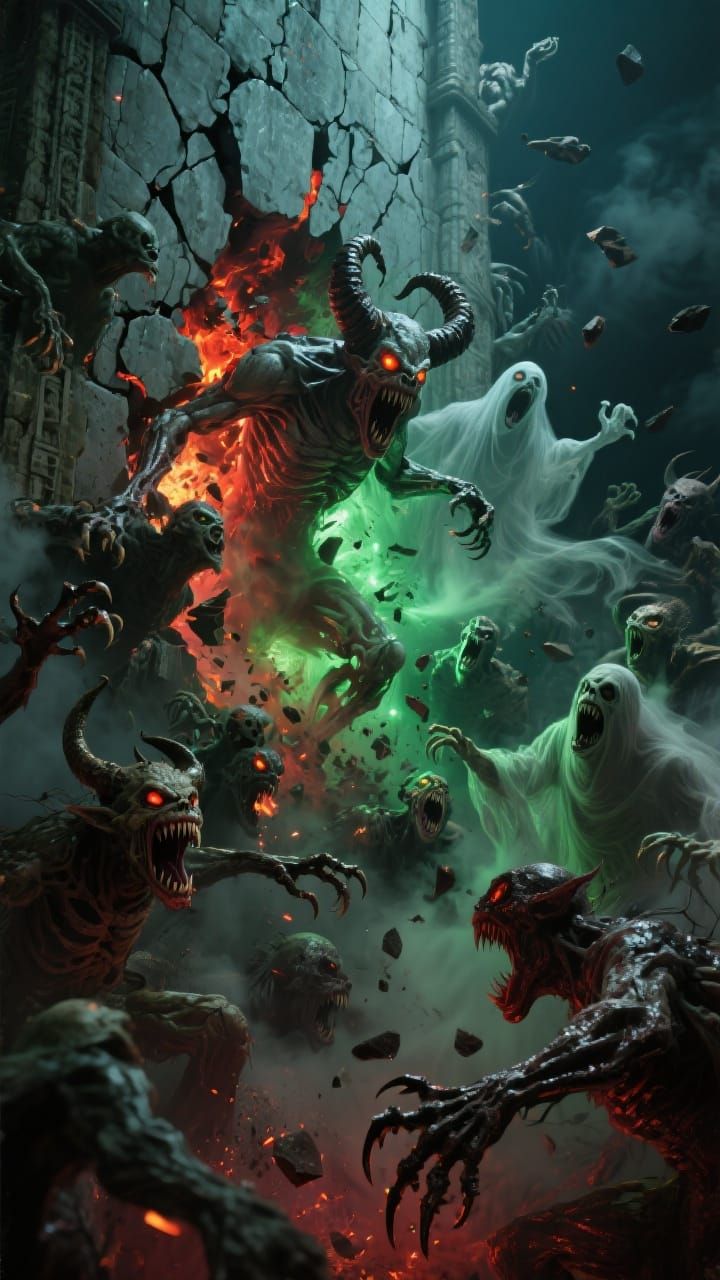 Nightmarish Hordes Erupting from Ancient Wall