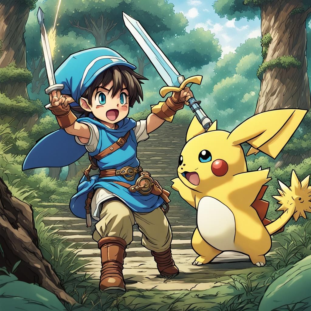 Anime Warrior Fighting Pokemon in Dragon Quest Style
