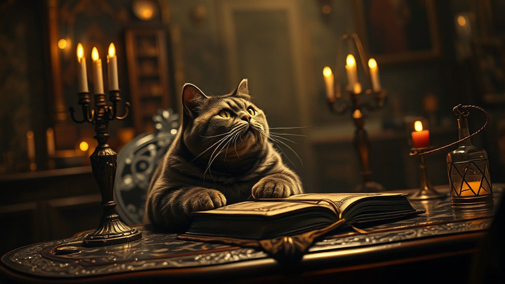 Mystical Cat at Antique Table in Dark Realism