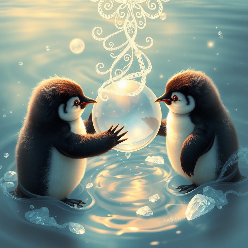 Fluffy Penguins Play with a Shimmering Orb in an Enchanted A...