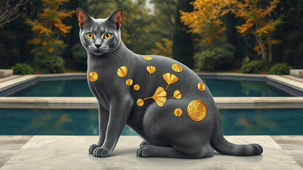 Art Deco Grey Cat in Opulent Gold Setting