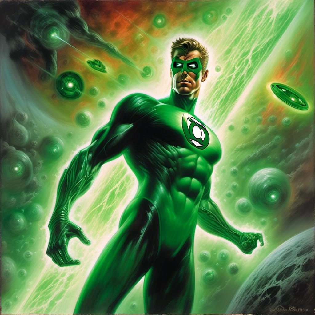 Green Lantern Patrolling Contrail Space in Cyberpunk Style