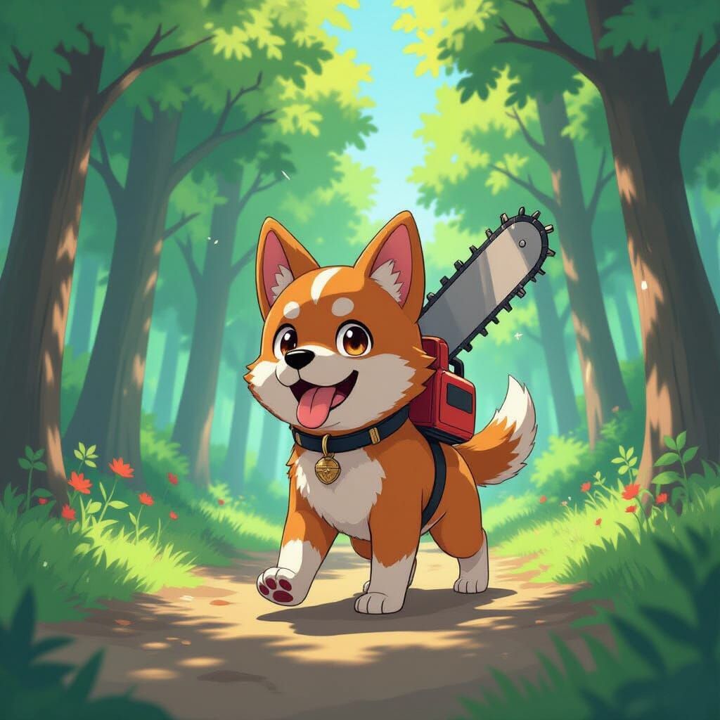 Pochita the Chainsaw Man in a Sunny Forest