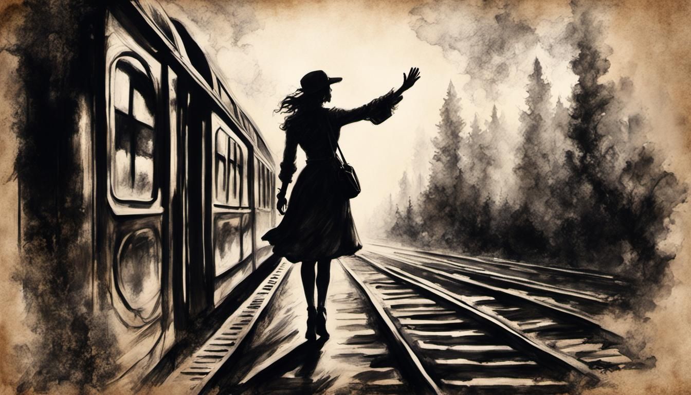 Girl Silhouetted Waving at Train in Charcoal Drawing