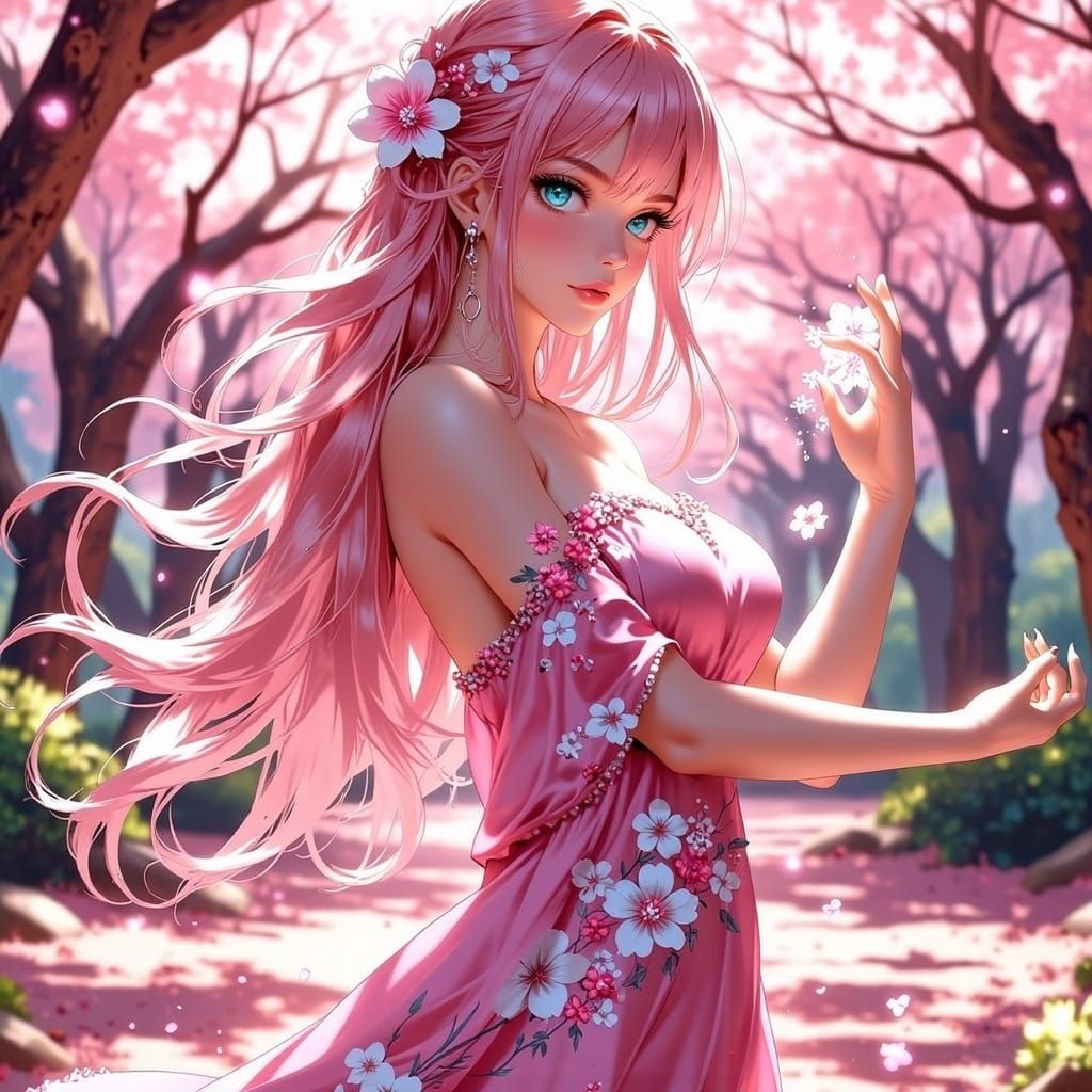 Anime Woman with Cherry Blossoms in Digital Artwork
