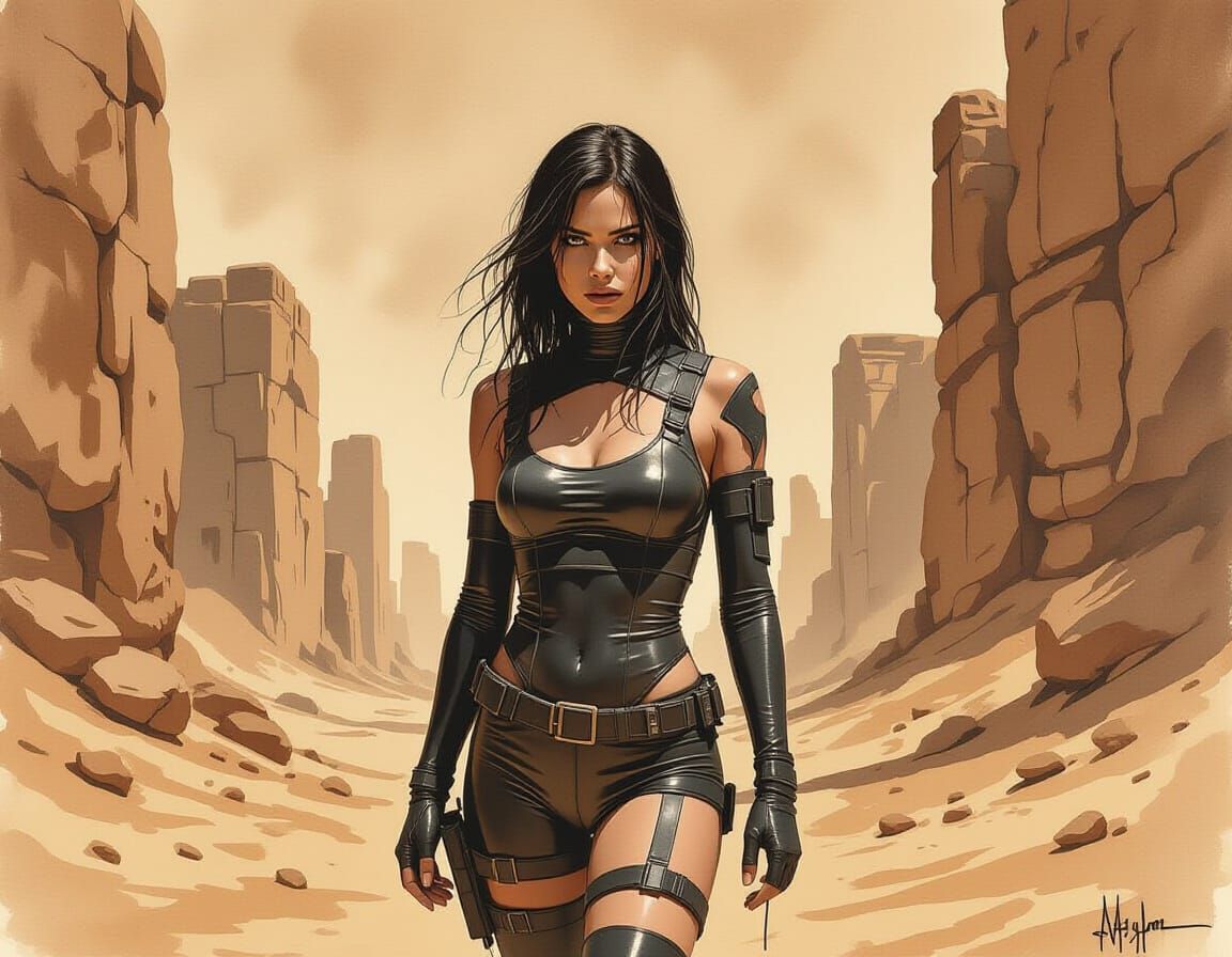 Lone Woman in Monochrome Desert City - Ink Wash Art