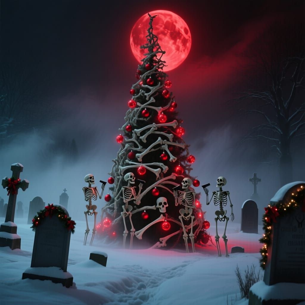 Spooky Graveyard Christmas Scene with Bone Tree